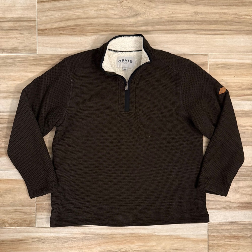 Orvis Classic Collection Mens XL Brown Waffle Knit Sherpa Lined 1/4 Zip Pullover